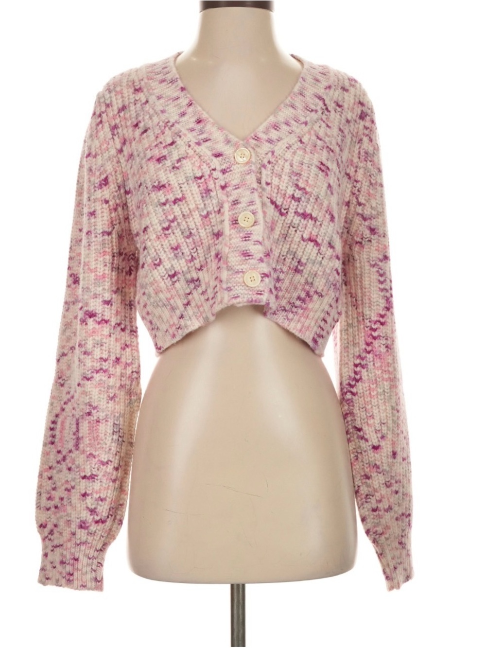 Love Shack Fancy Cropped V-Neck Speckled Pink Button-Front Sweater